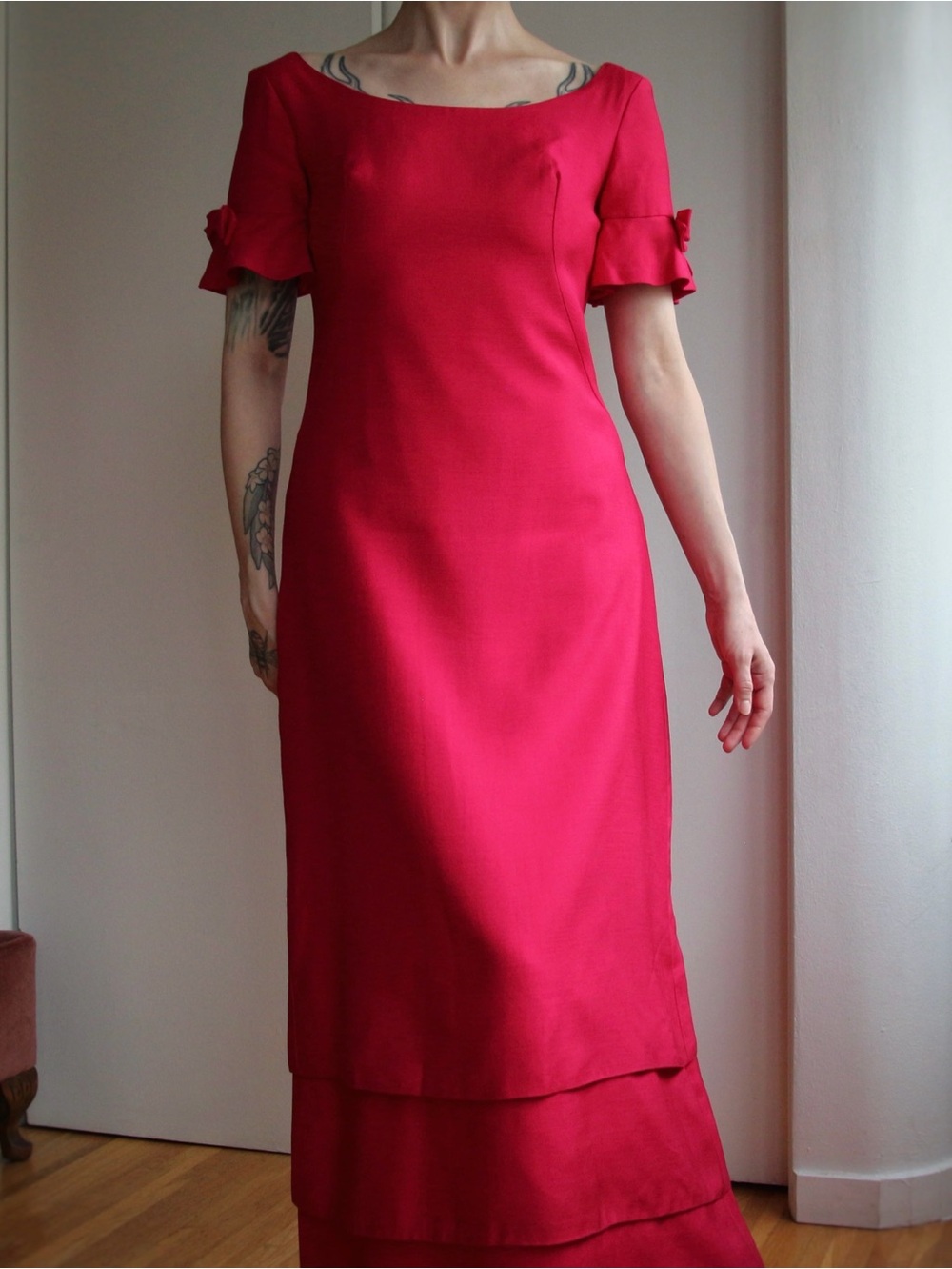 1960-70's Emma Domb Raspberry Pink Tiered Party Gown